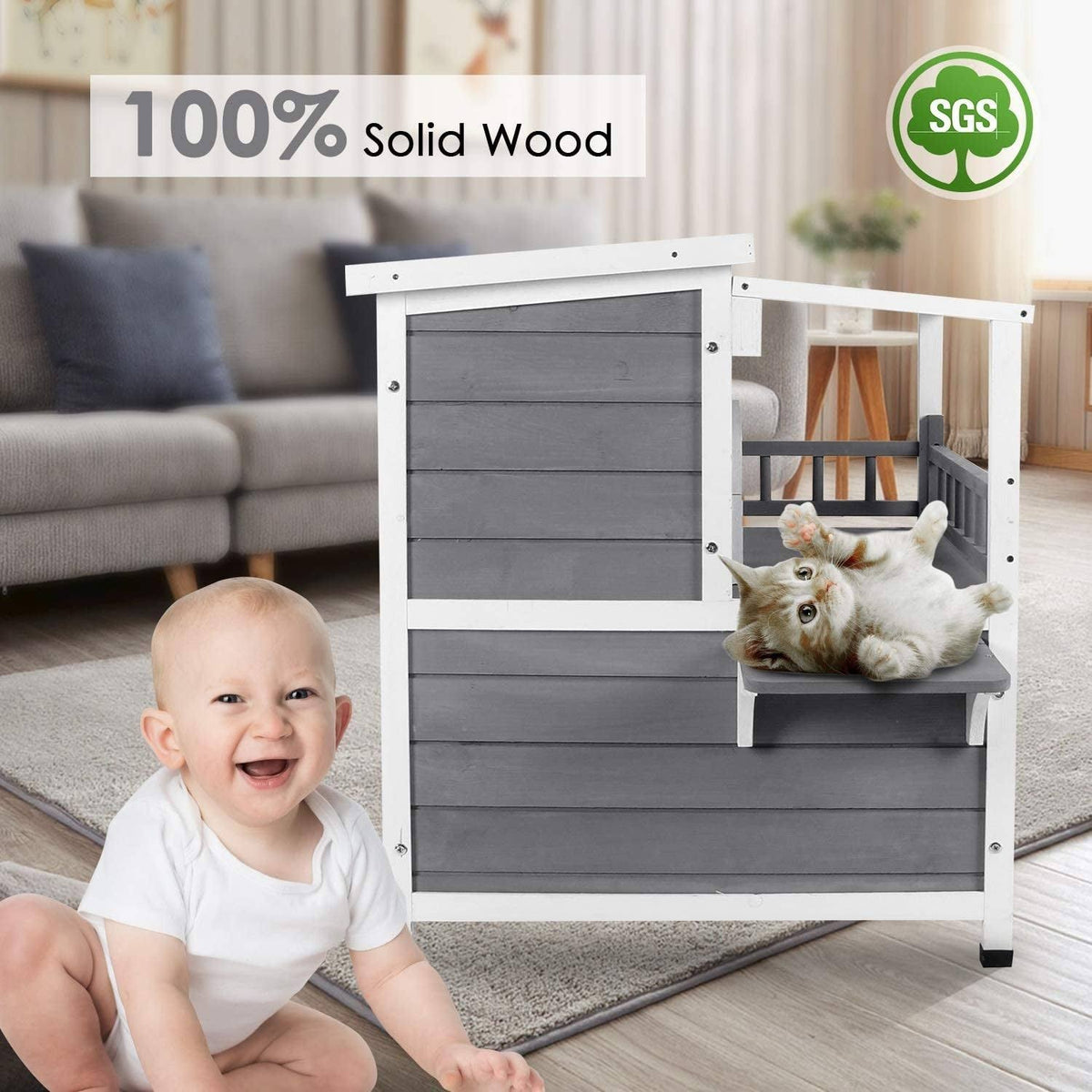 2-Story Weatherproof Wooden Cat Shelter House with Transparent PVC Canopy M53014