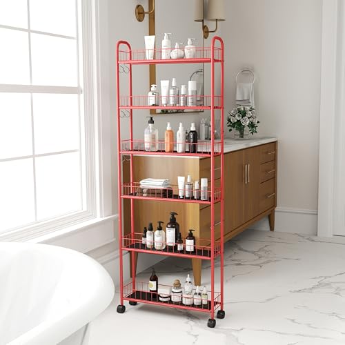 Red 6-Tier Wire Rolling Storage Cart with Wheels O437772
