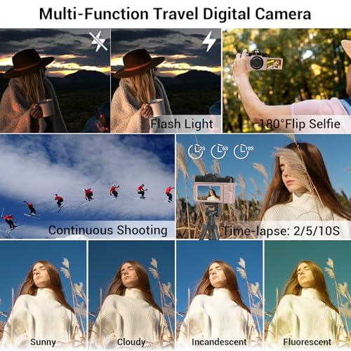 56MP 16X Digital Zoom WiFi 3'' 180° Flip Screen Compact Camera with 2 Batteries 64GB Micro SD Card (Black) T911