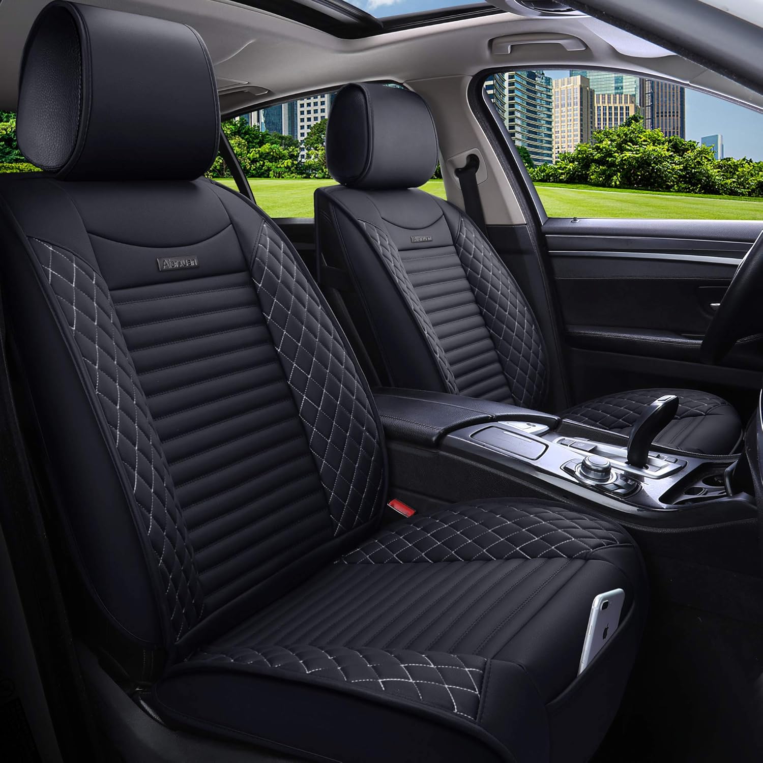 Black Leather Universal Front Captain Seat Covers 2 Pcs Z672