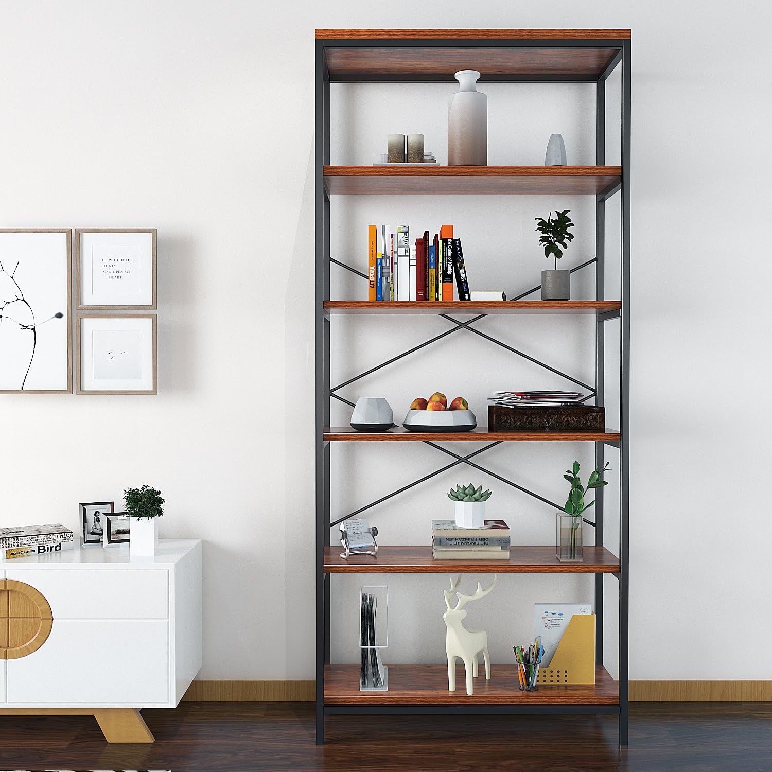 5 Shelf Metal and Wooden Bookshelf F19896