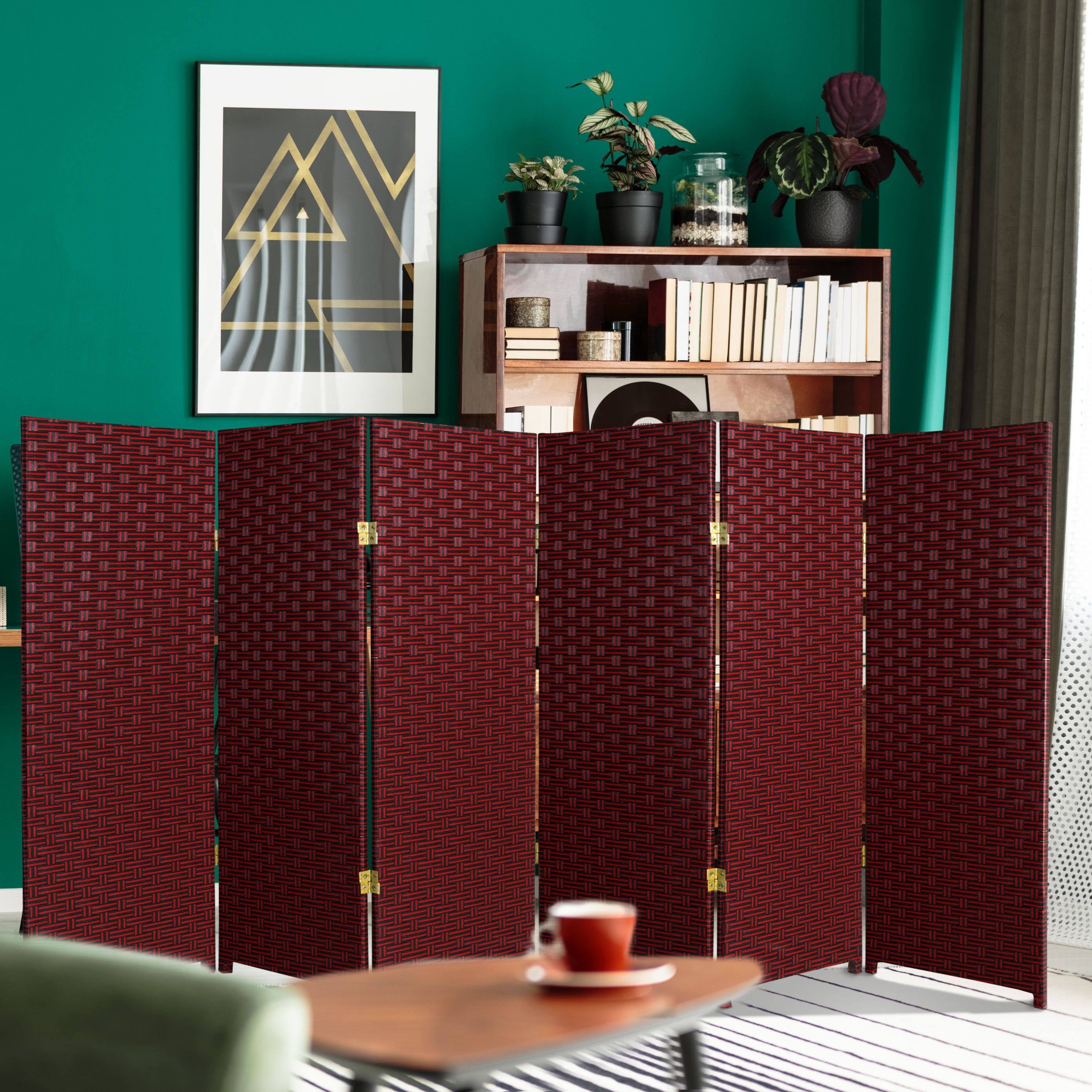 Red/Black 6 Panel Woven Fiber Room Divider D364