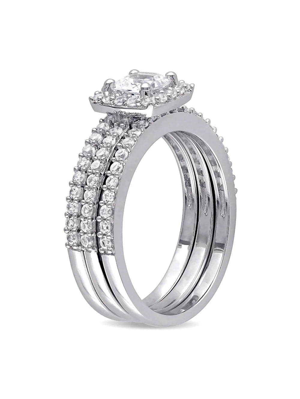 1.50 Carat (Ctw) Lab-Created White Sapphire Halo Engagement Ring and Band Set In Sterling Silver A87844
