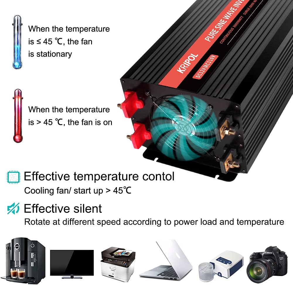 3000 Watt Pure Sine Wave Power Inverter 12V DC to 110V AC with 4 AC Outlets & USB Output J564531
