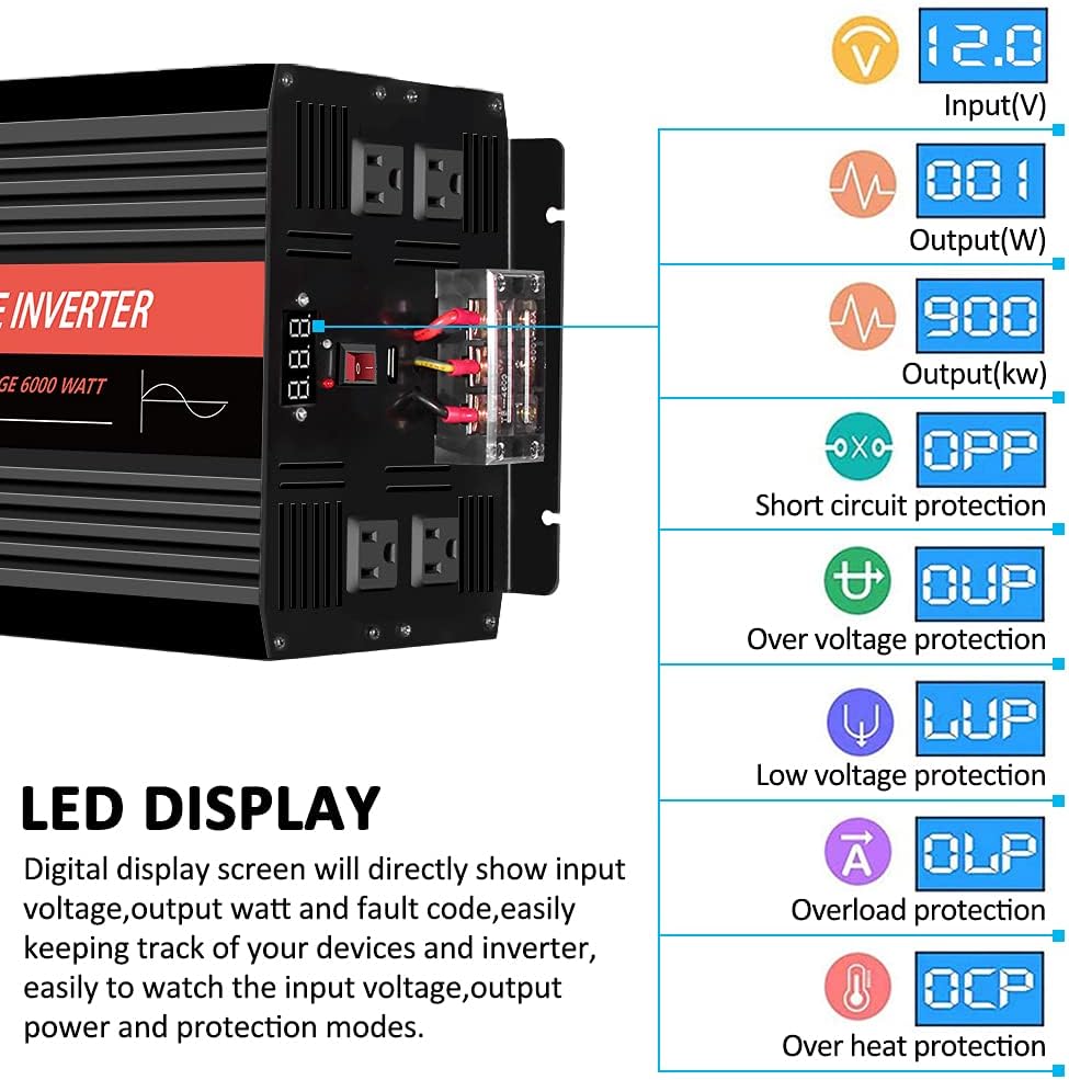 3000 Watt Pure Sine Wave Power Inverter 12V DC to 110V AC with 4 AC Outlets & USB Output J564531