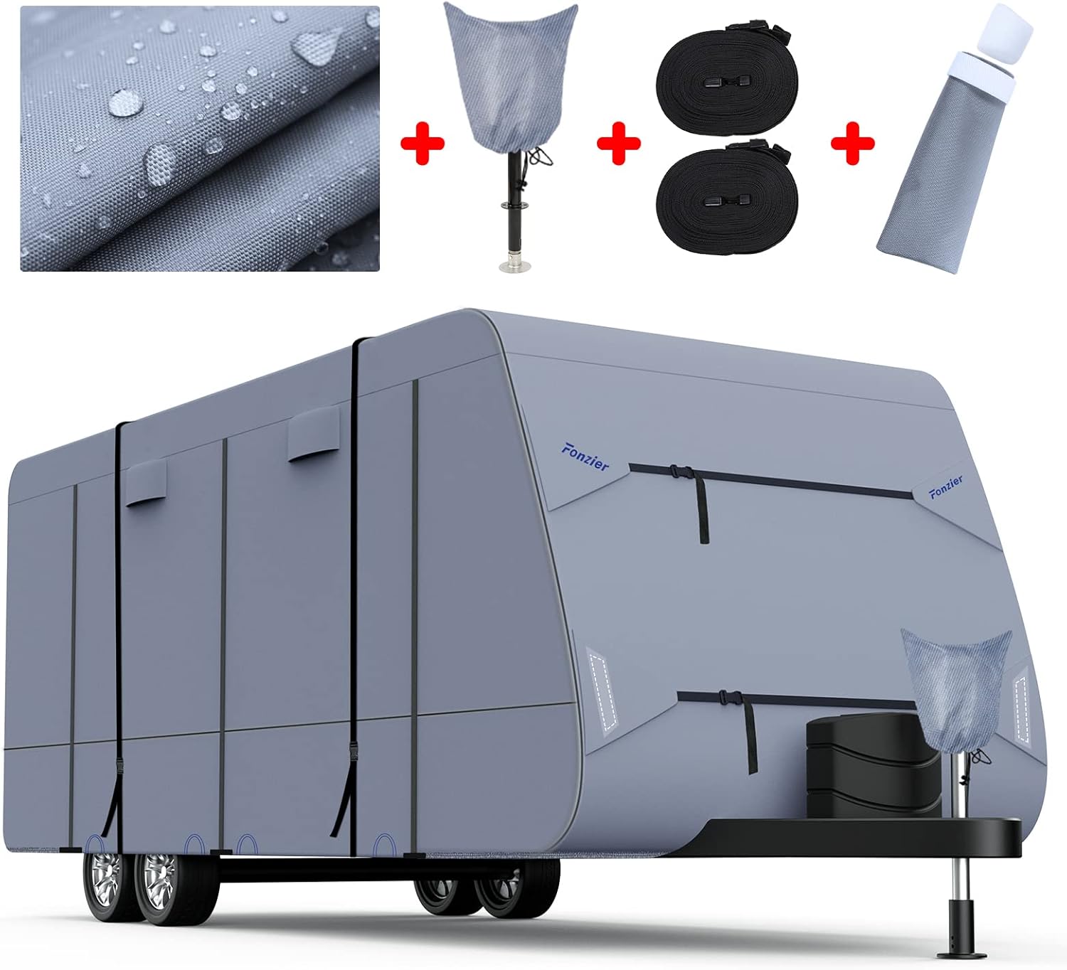 Waterproof 210D Travel Trailer RV Cover with 4 Gutter Spout Covers E290666