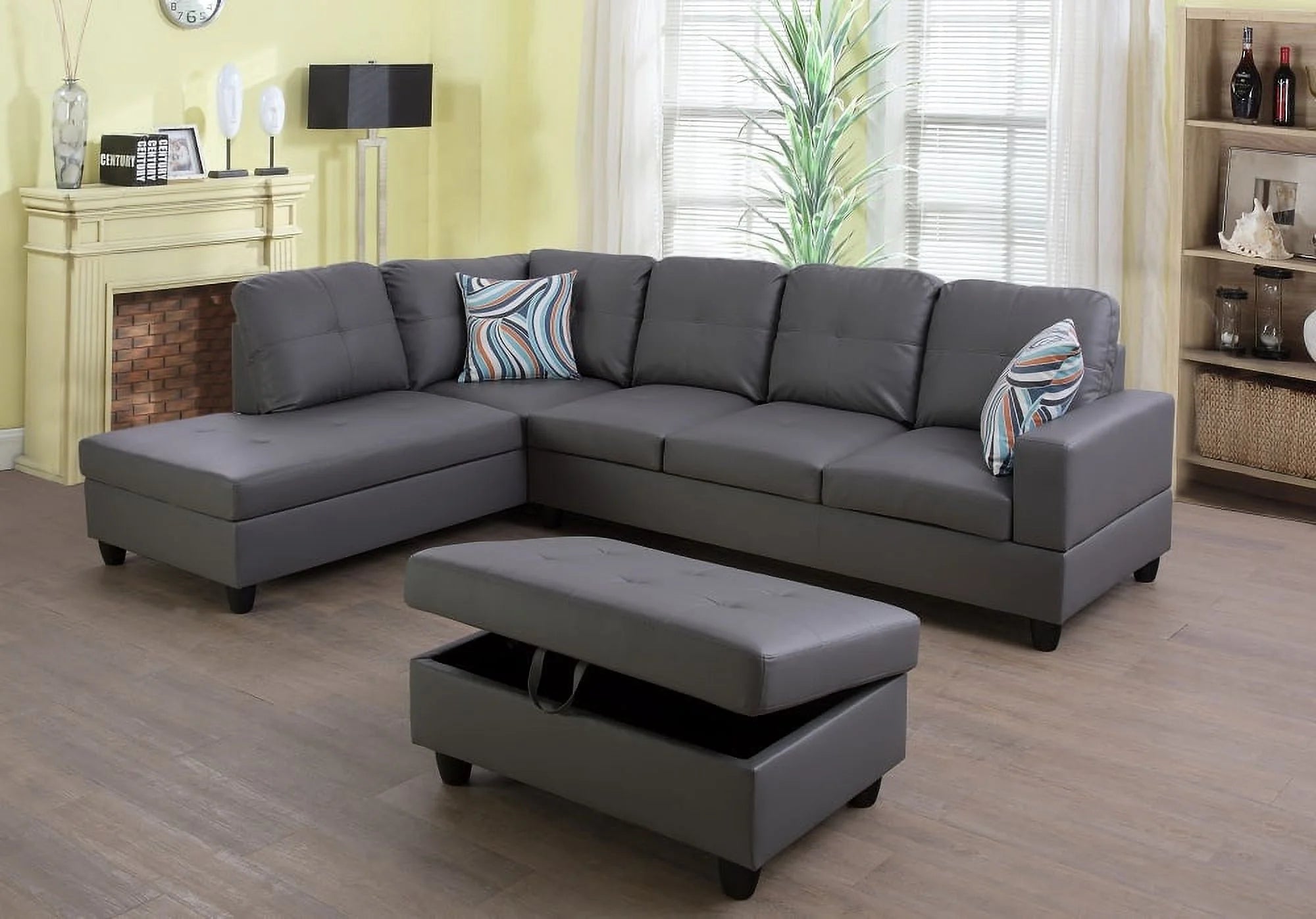 Dark Grey Faux Leather Sectional with Ottoman N961