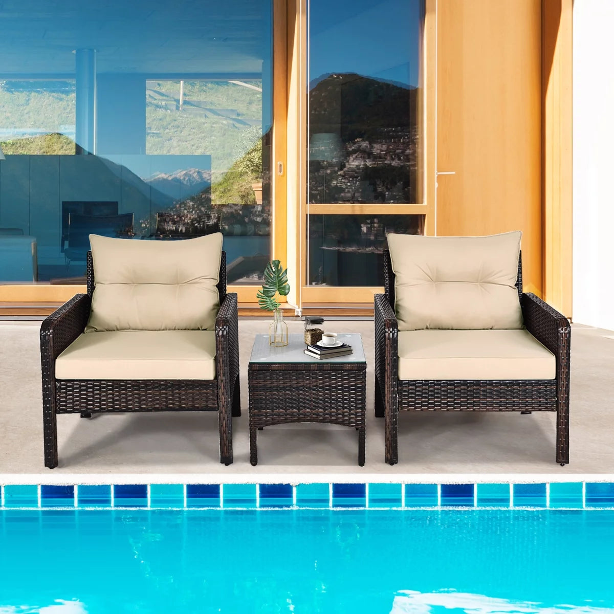 Brown 3PCS Patio Outdoor Rattan Furniture Set with Cushioned Chairs Coffee Table V26418