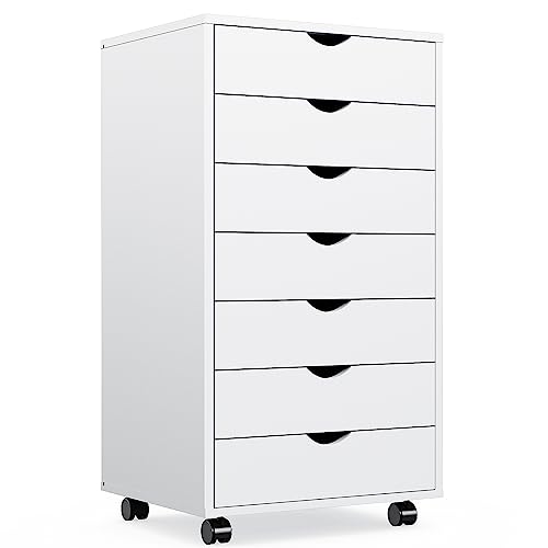 White 7-Drawer Wooden Mobile Dresser with Wheels K3560