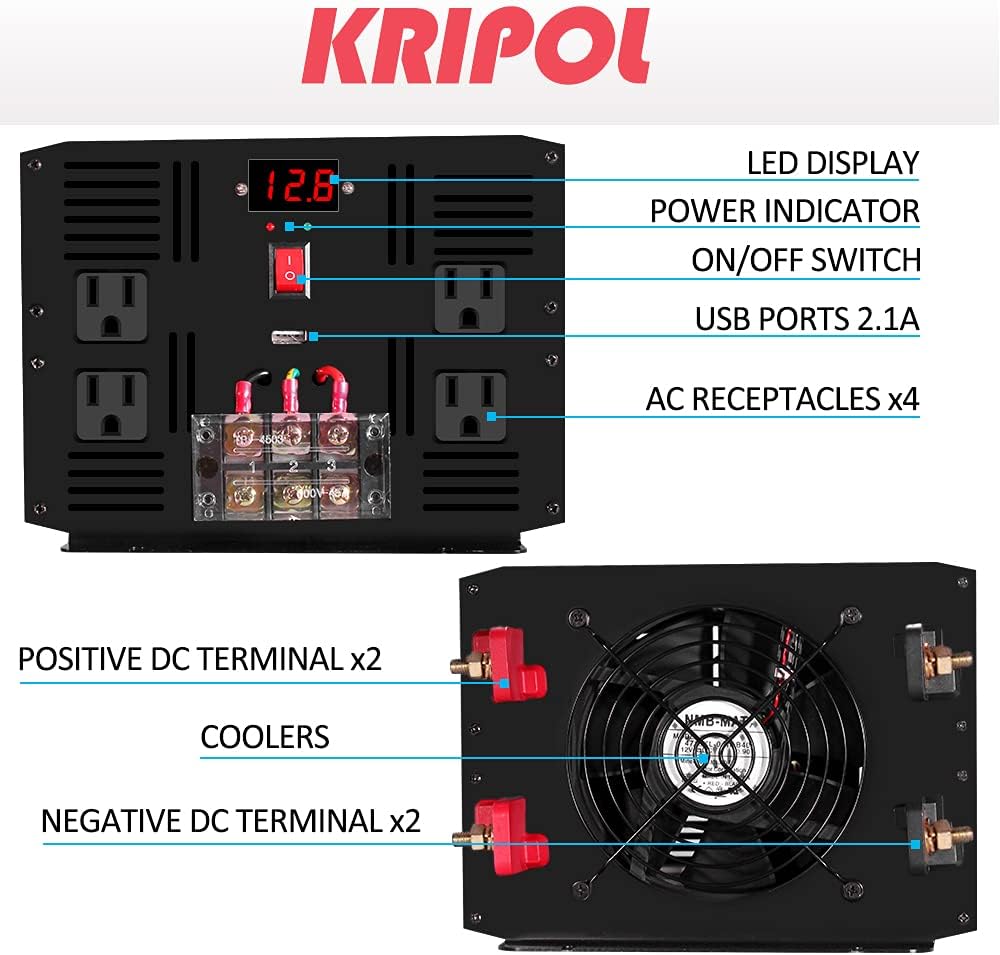 3000 Watt Pure Sine Wave Power Inverter 12V DC to 110V AC with 4 AC Outlets & USB Output J564531
