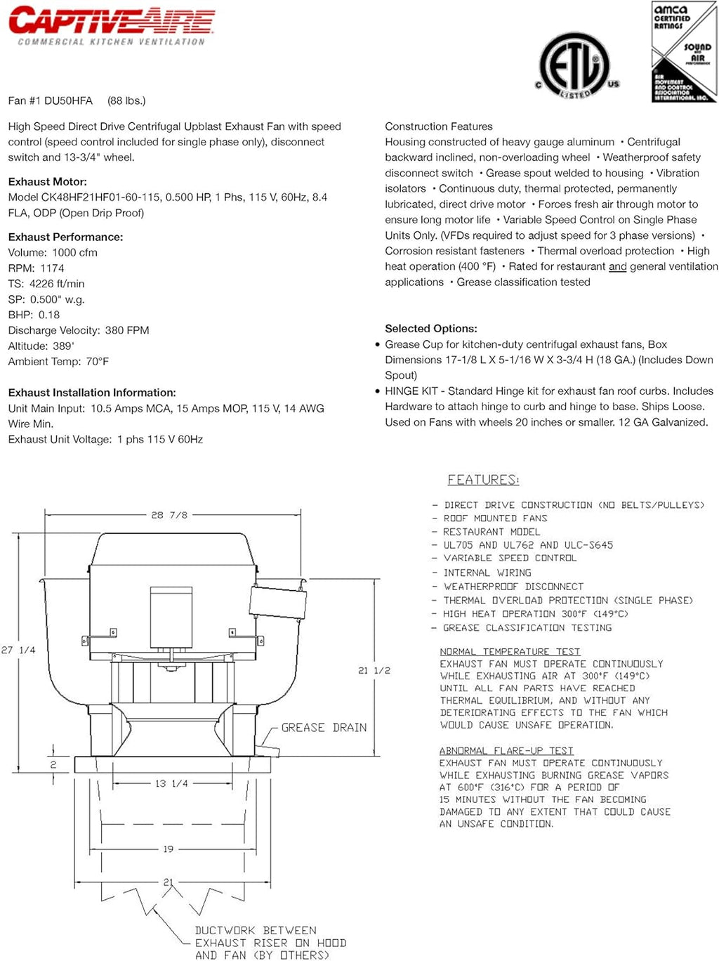 19 Fan Base Centrifugal Upblast Exhaust Fan with Speed Control K59710