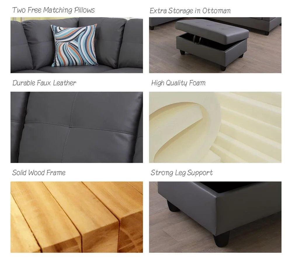 Dark Grey Faux Leather Sectional with Ottoman N961