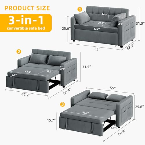 55" Convertible Velvet Sofa Bed, Full Size U33548