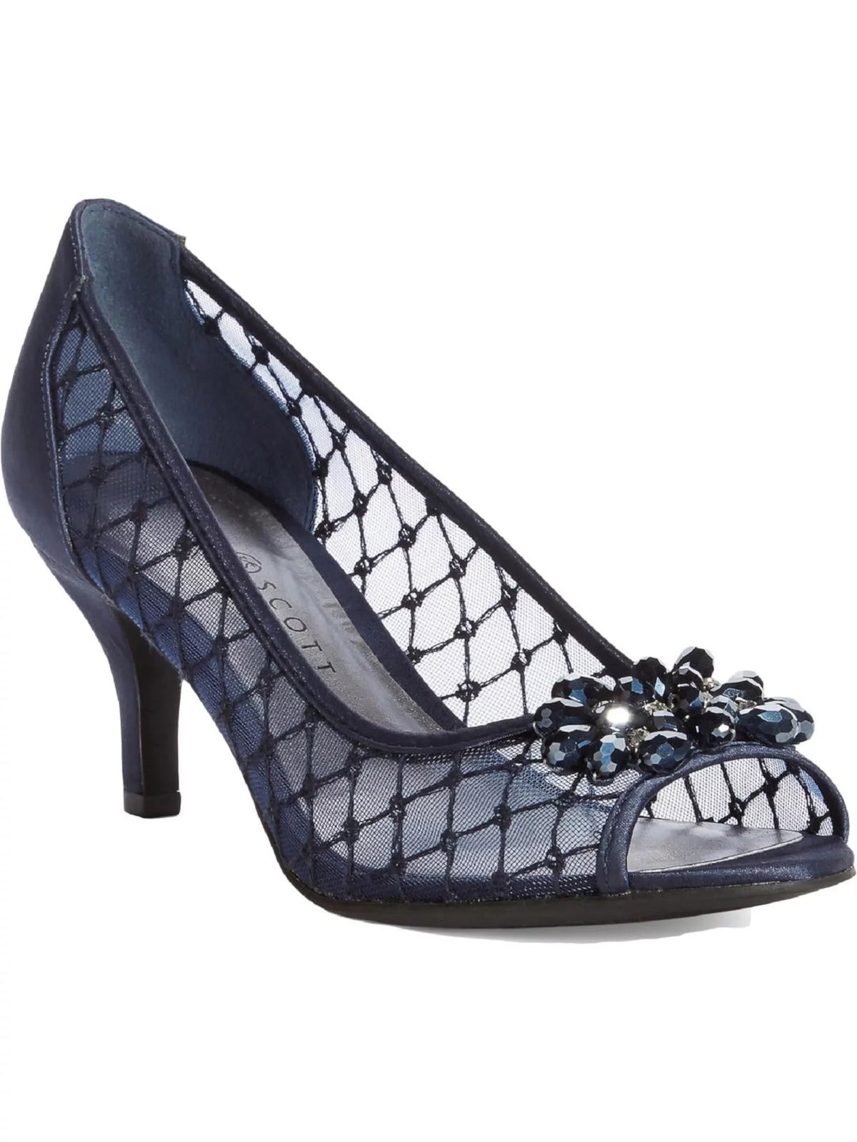 Navy Mixed Media Glass Brooch Almond Toe Kitten Heel Slip On Dress Pumps Q761