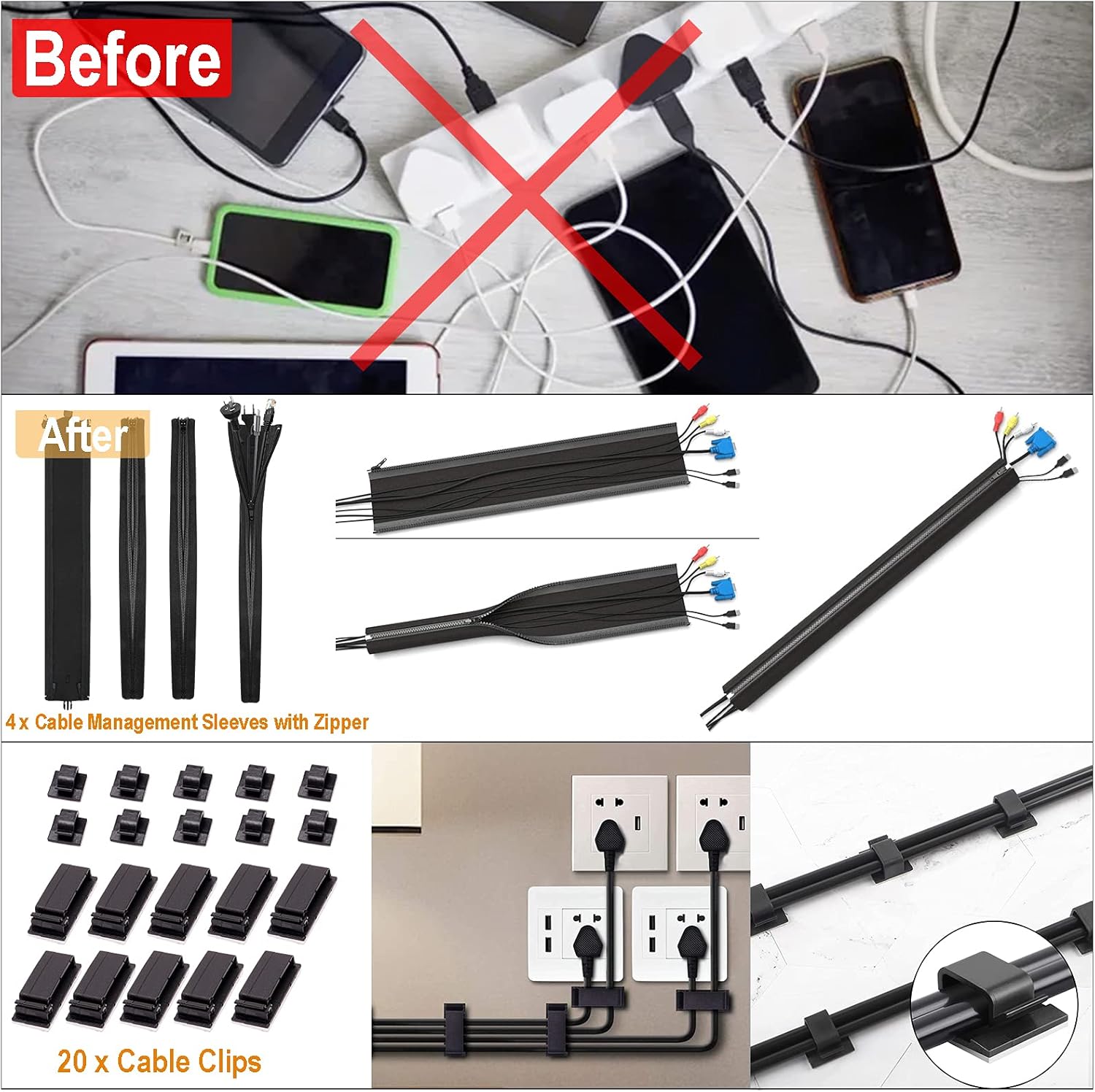 Cord Organizer Box with Cable Management Kit of Cable Clips & Cable Sleeve, Pack of 2 A6528
