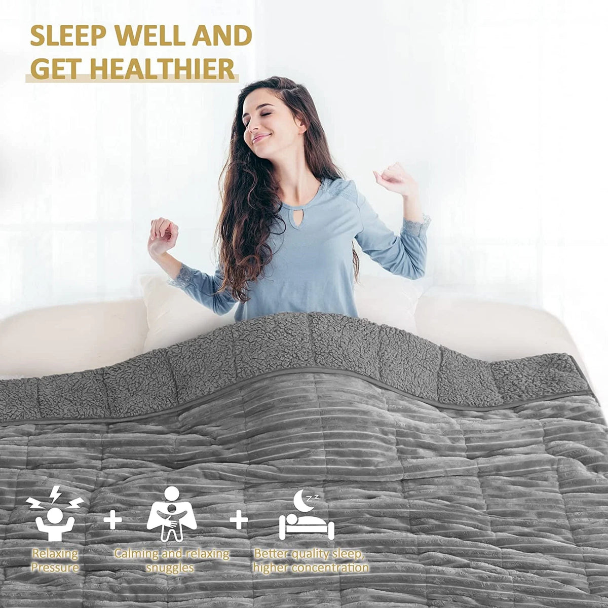 Gray Sherpa Fleece Weighted Blanket Queen Size 15lbs 60"x80" W6114