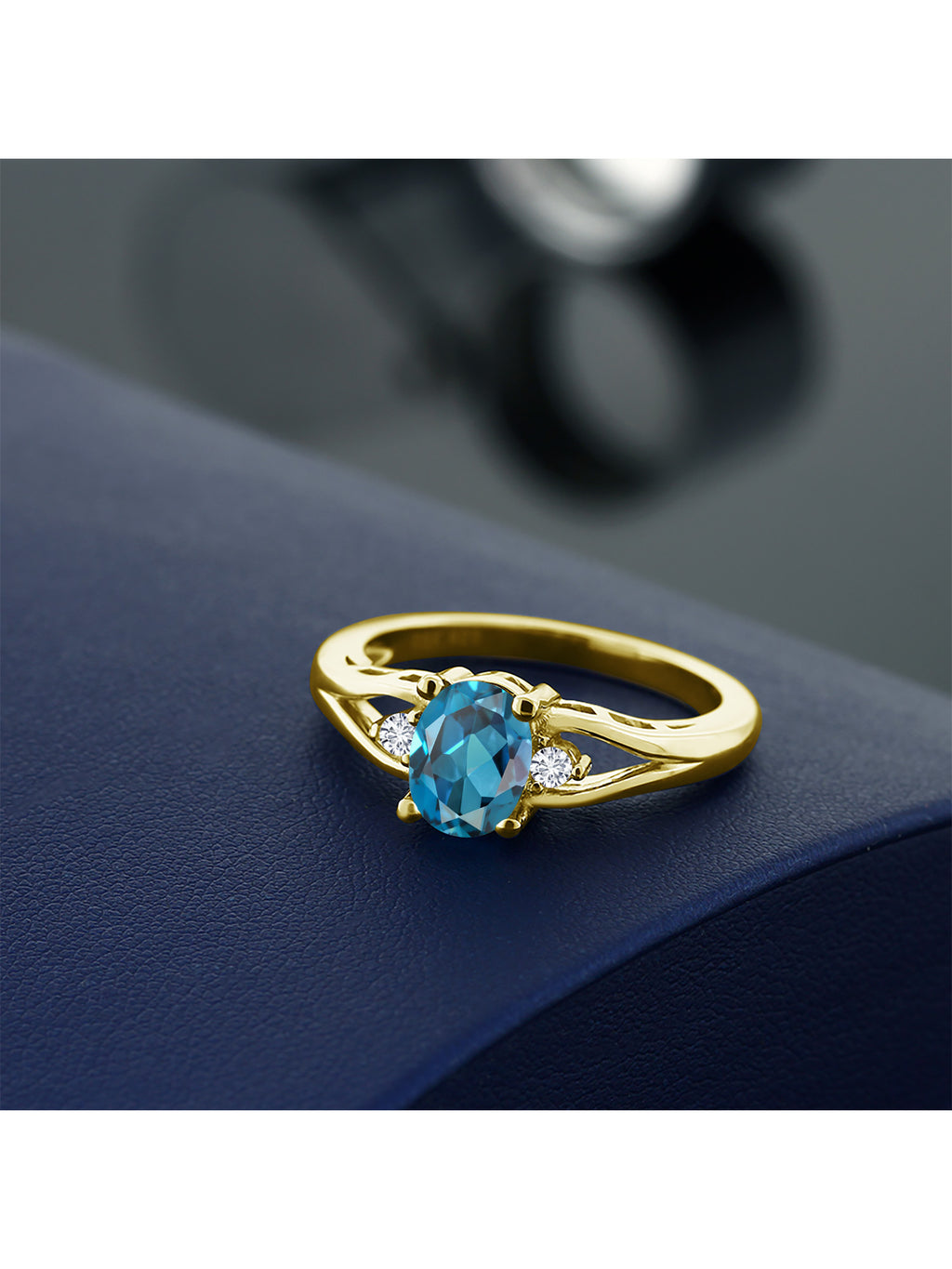 18K Yellow Gold Plated Silver London Blue Topaz and White Lab Grown Diamond 3 Stone Engagement Ring C50225