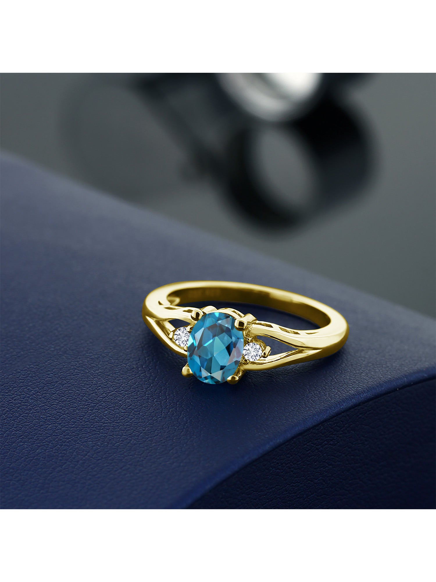 18K Yellow Gold Plated Silver London Blue Topaz and White Lab Grown Diamond 3 Stone Engagement Ring C50225