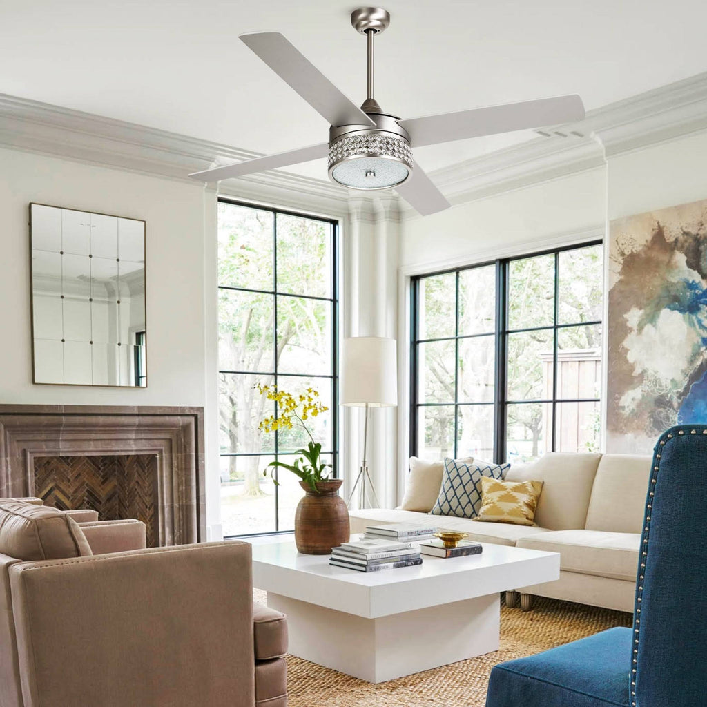 52-Inch Satin Nickel 4-Blades Ceiling Fan with Crystal Shade I490