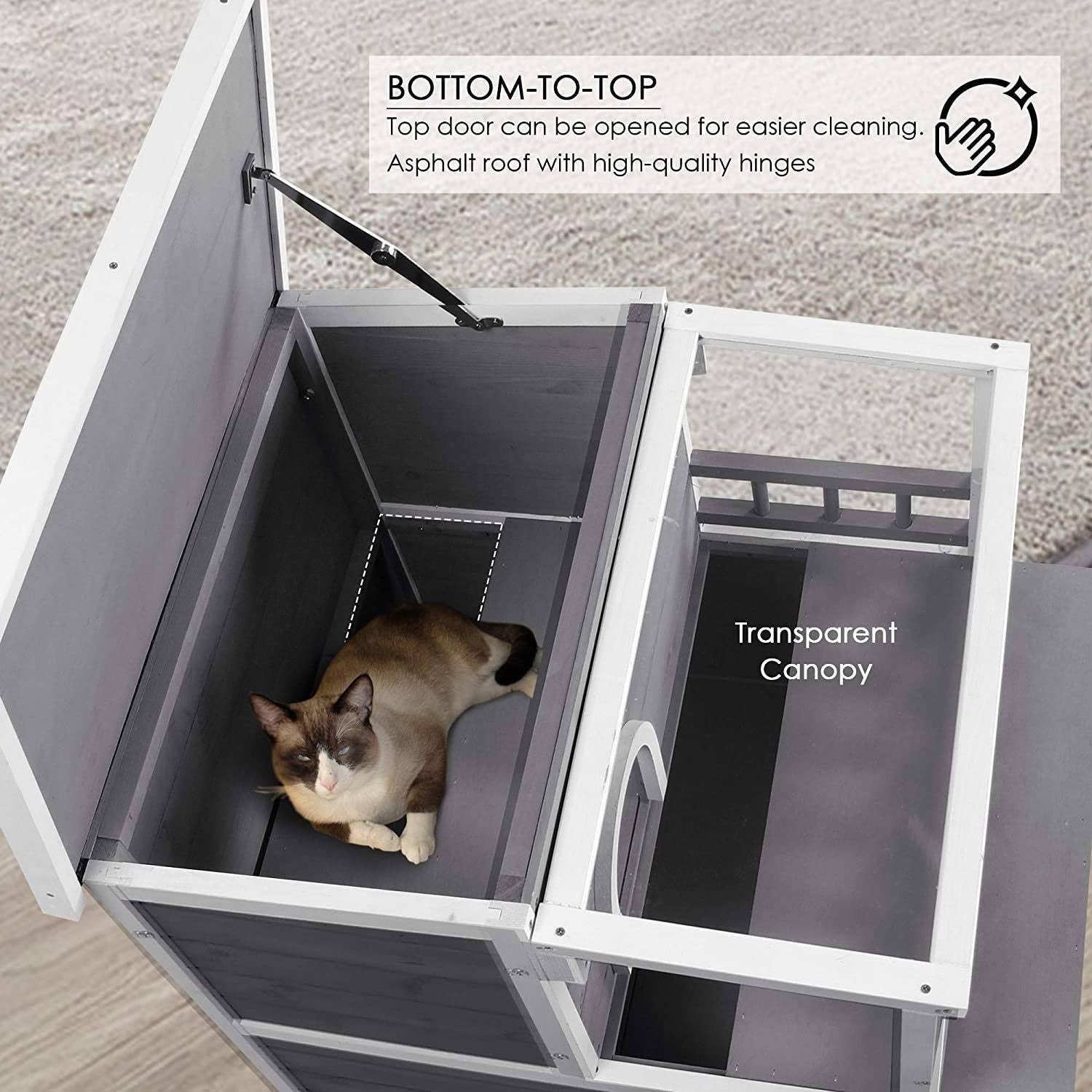 2-Story Weatherproof Wooden Cat Shelter House with Transparent PVC Canopy M53014