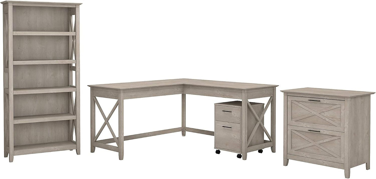 60W L Shaped Desk with File Cabinets and 5 Shelf Bookcase, Bing Cherry V30647