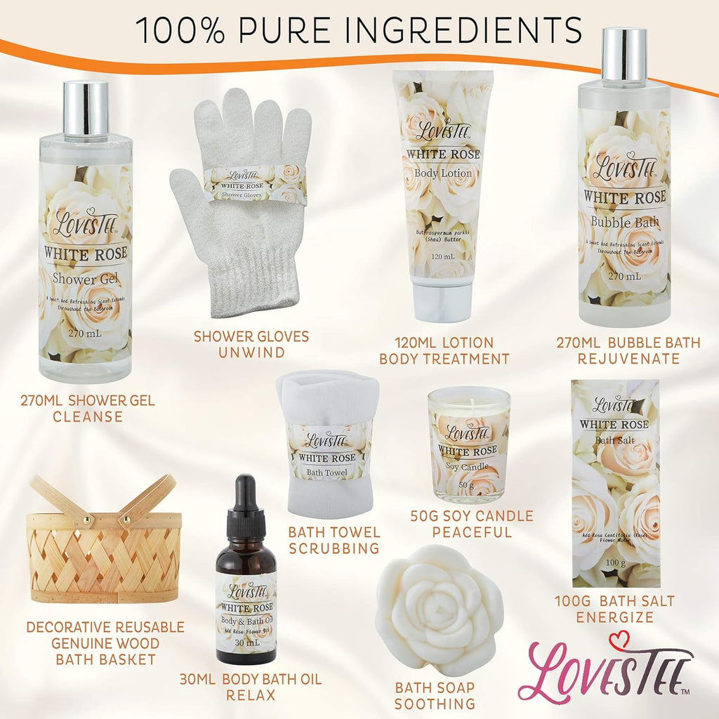 White Rose Set Body Lotion, Shower Gel, Bubble Bath, Bath Salt, Towel, Soap, Oil, Candle, Gloves N8448