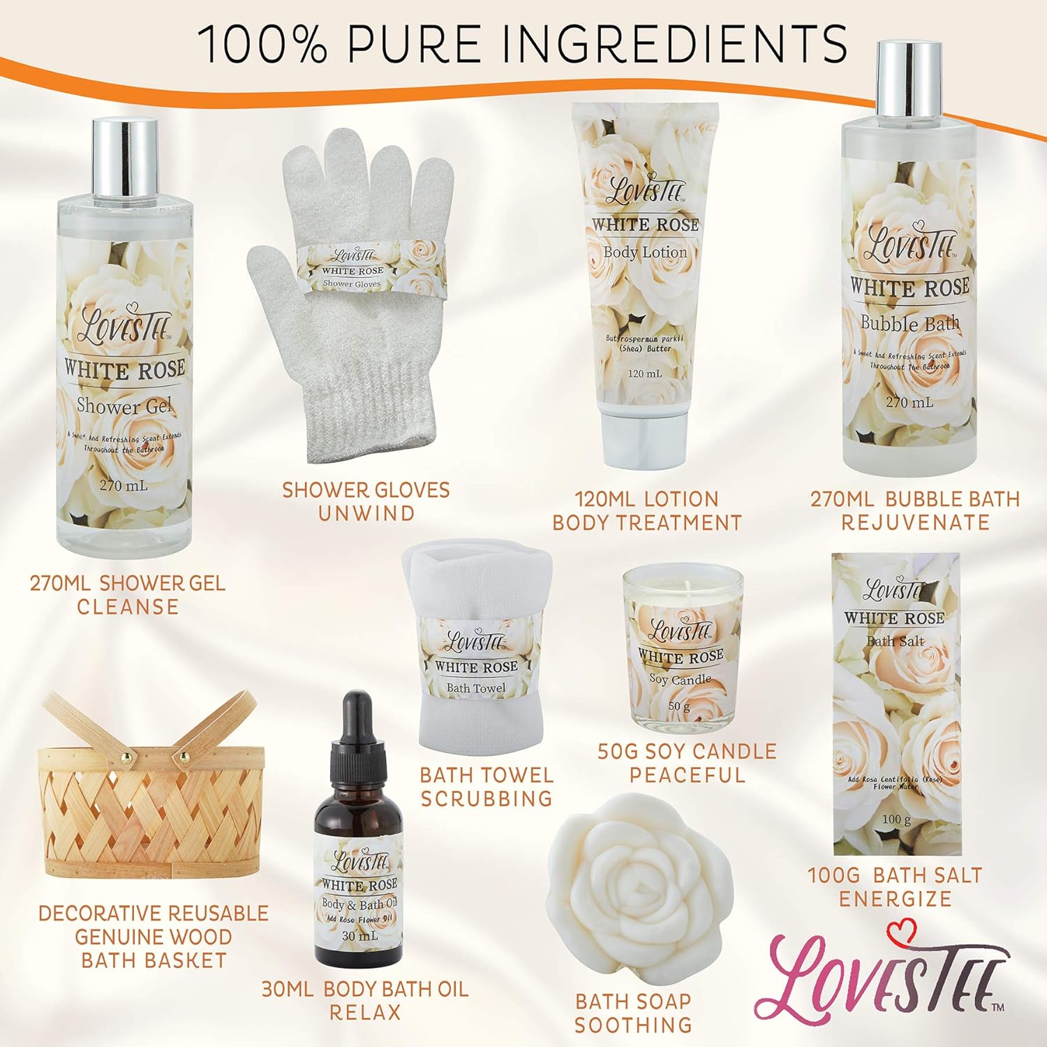 White Rose Set Body Lotion, Shower Gel, Bubble Bath, Bath Salt, Towel, Soap, Oil, Candle, Gloves N8448