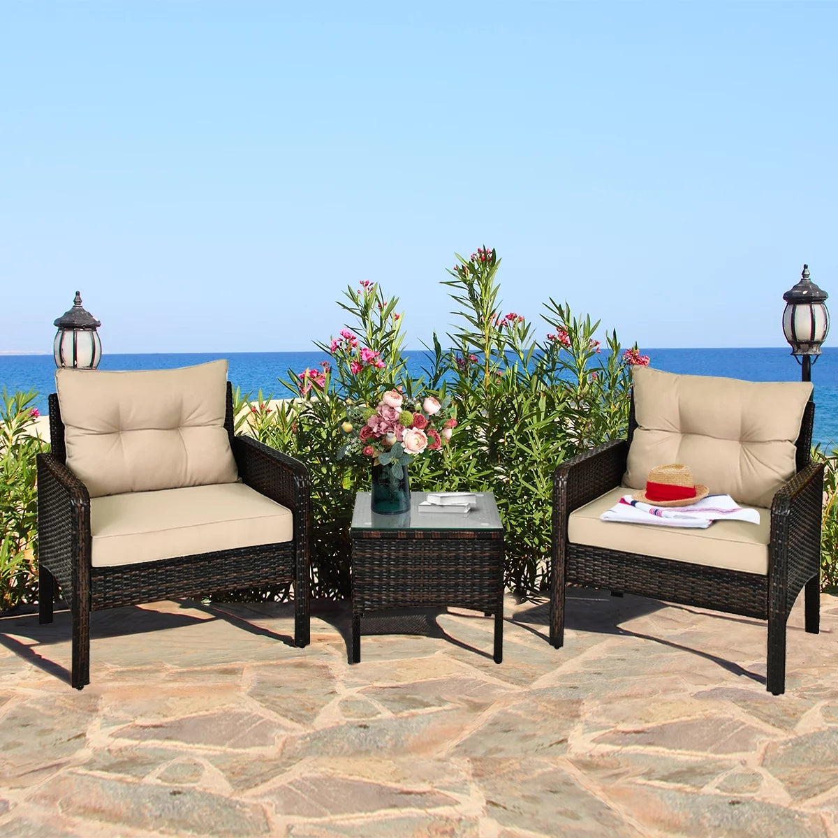 Brown 3PCS Patio Outdoor Rattan Furniture Set with Cushioned Chairs Coffee Table V26418