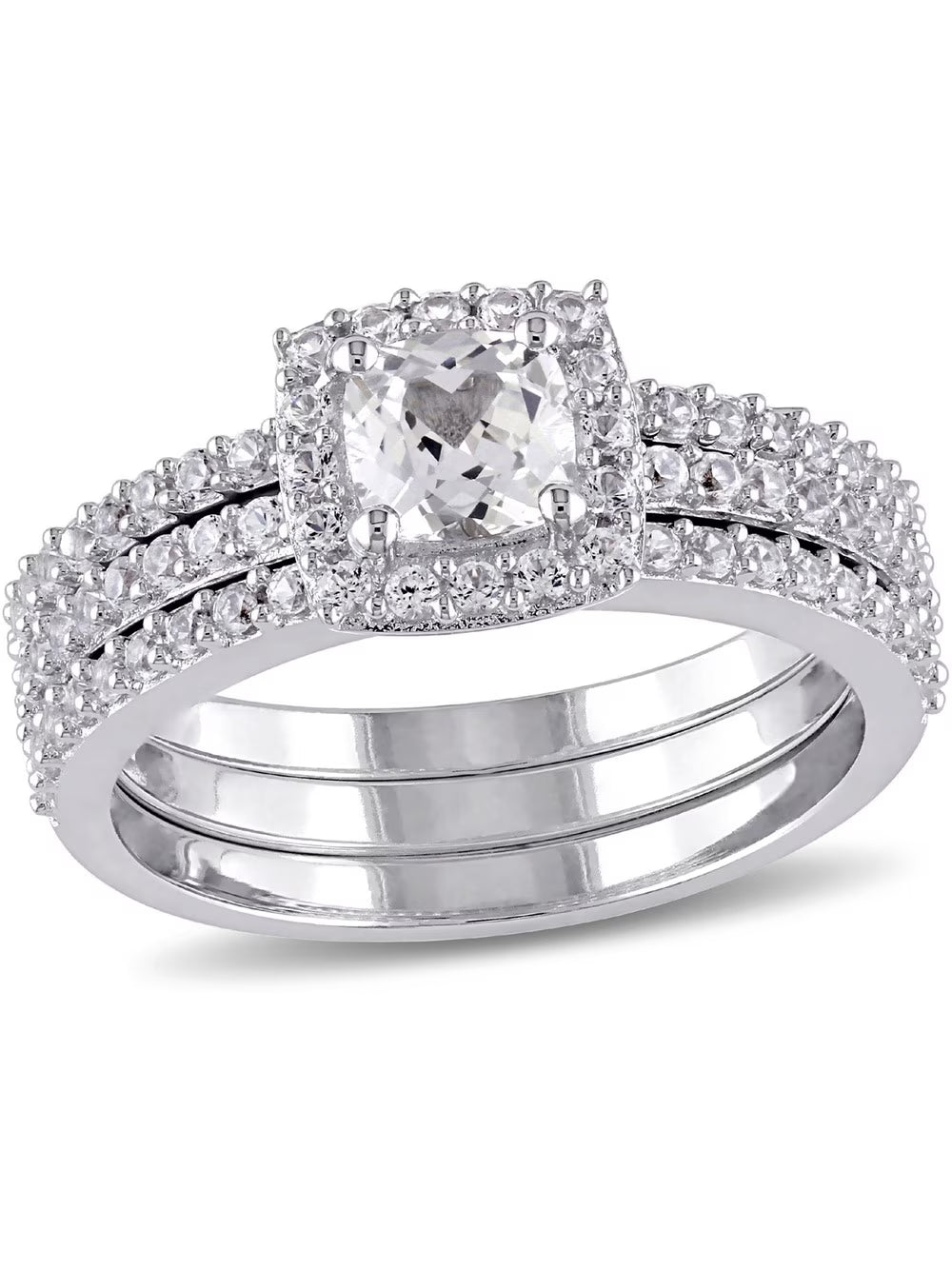 1.50 Carat (Ctw) Lab-Created White Sapphire Halo Engagement Ring and Band Set In Sterling Silver A87844