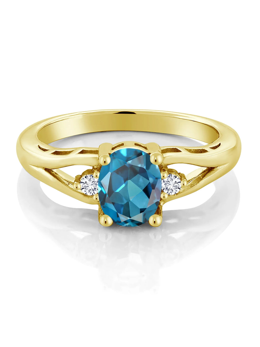 18K Yellow Gold Plated Silver London Blue Topaz and White Lab Grown Diamond 3 Stone Engagement Ring C50225