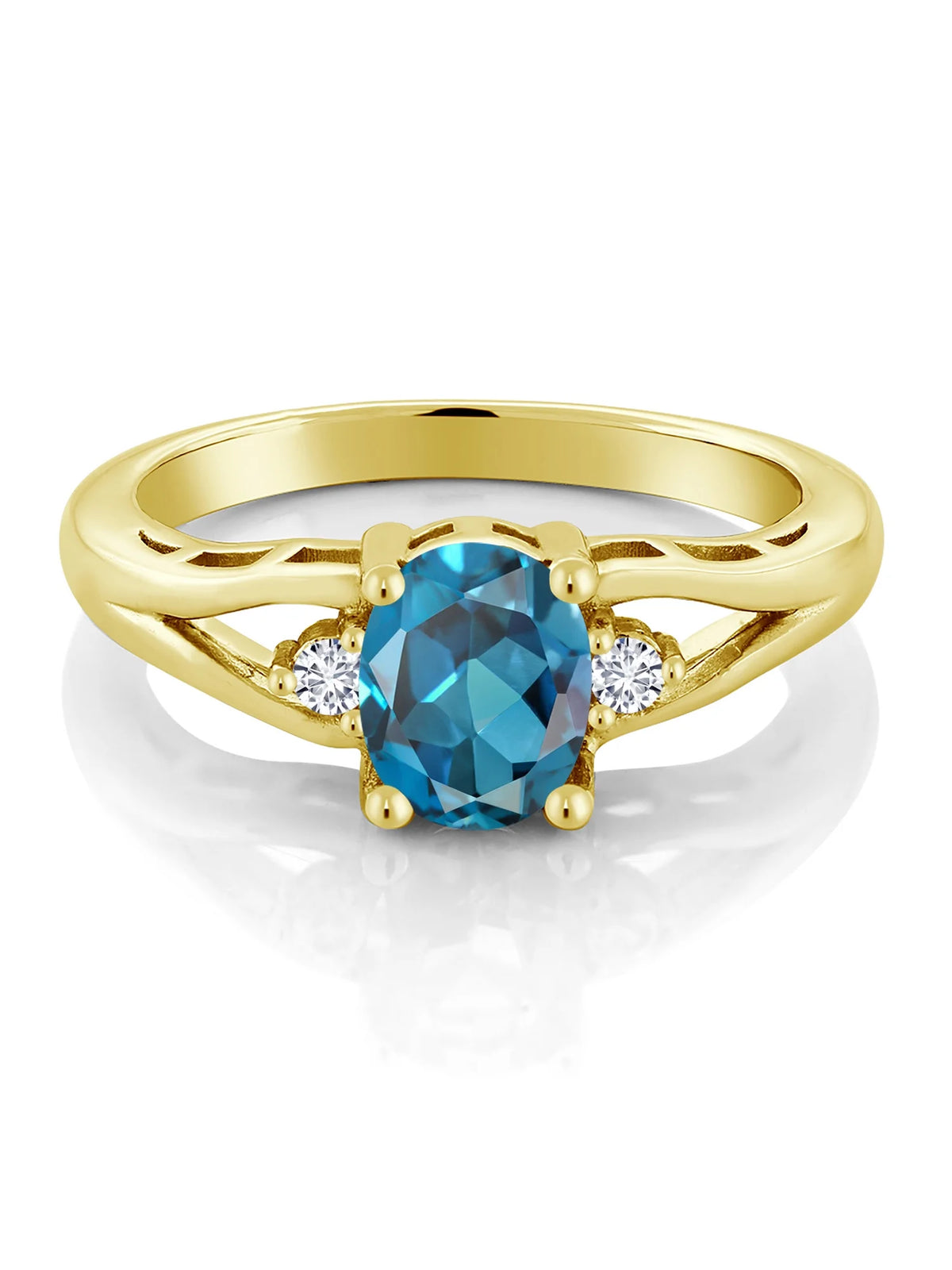 18K Yellow Gold Plated Silver London Blue Topaz and White Lab Grown Diamond 3 Stone Engagement Ring C50225