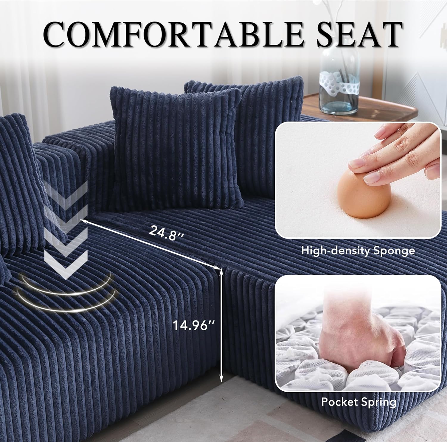Blue Corduroy Modular Sectional Sofa with 8 Pillows S8021