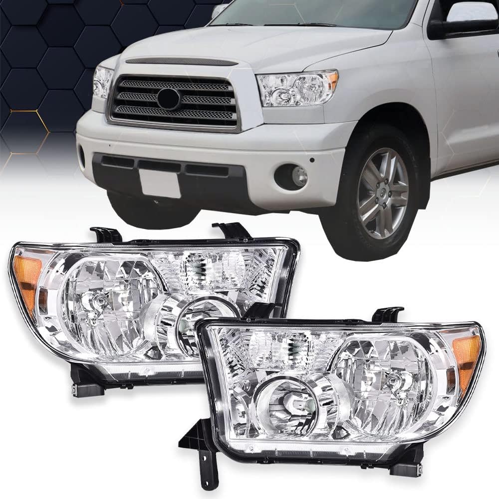 Headlights for 2007-2013 Toyota Tundra 2008-2017 Sequoia, Left+Right Clear Lens Chrome Housing Amber Reflector E111891