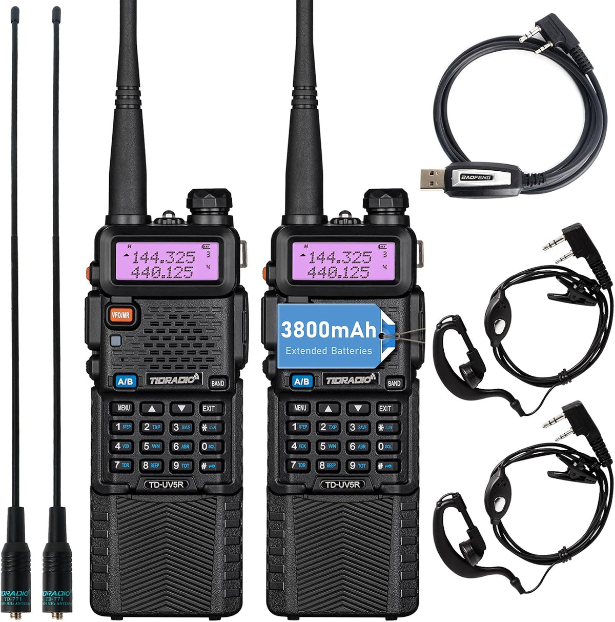 2 Pack Ham Radio Handheld Two Way Radio with Rechargeable 3800mAh Extended Battery M833
