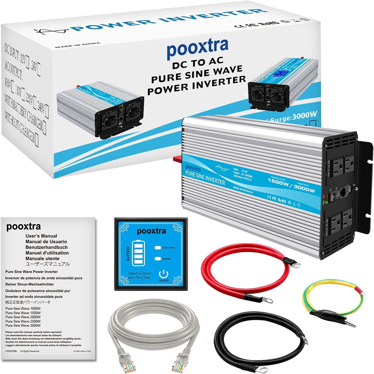 1500 Watt Pure Sine Wave Power Inverter DC 24V to 110V with 4 AC Outlets and 2.1A USB Ports M47439