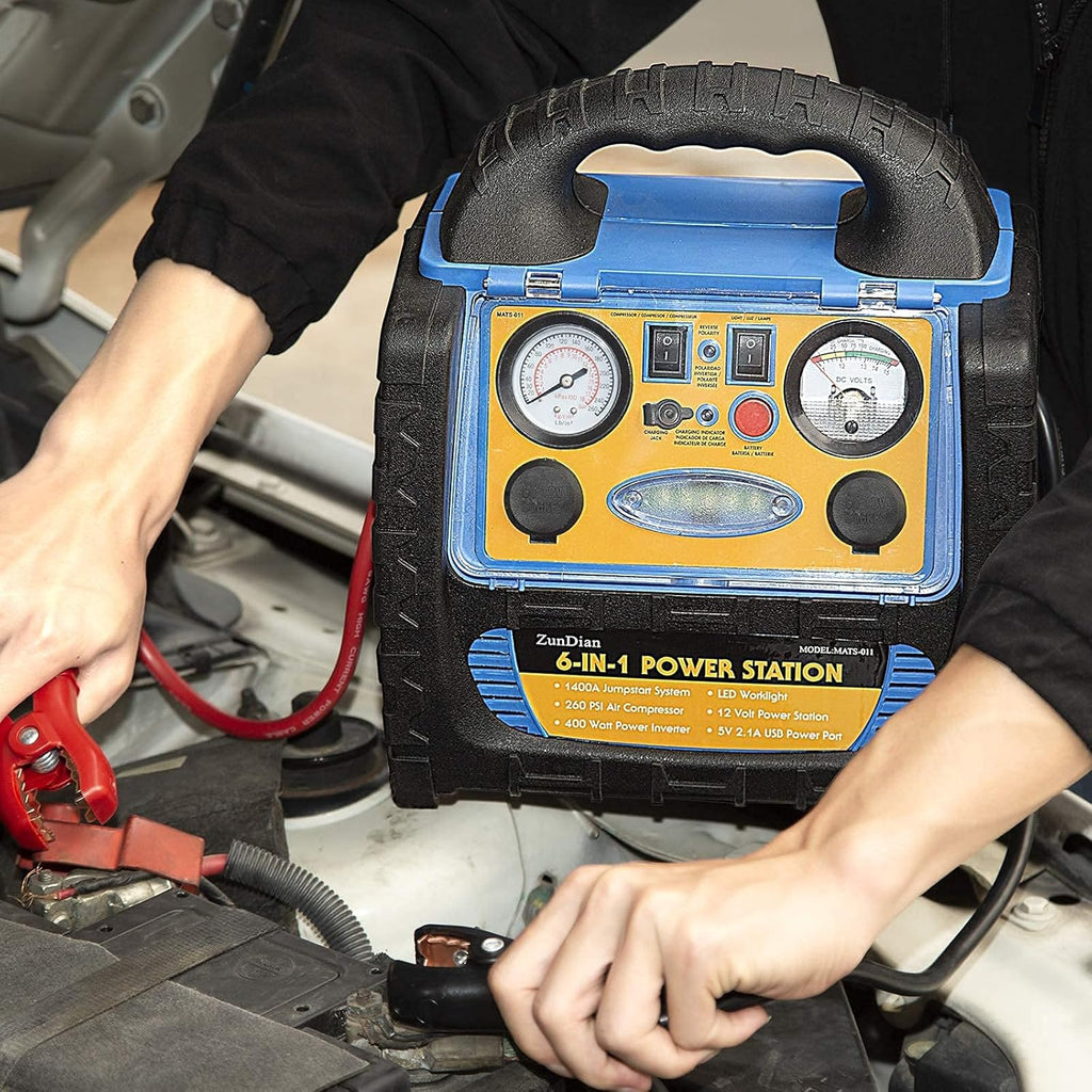 1400 Amp Battery Jump Starter with Air Compressor Car Tire Inflator, 110V 400W Power Inverter USB DC AC Outlet, 12V Emergency Auto Battery Booster Pack P157967