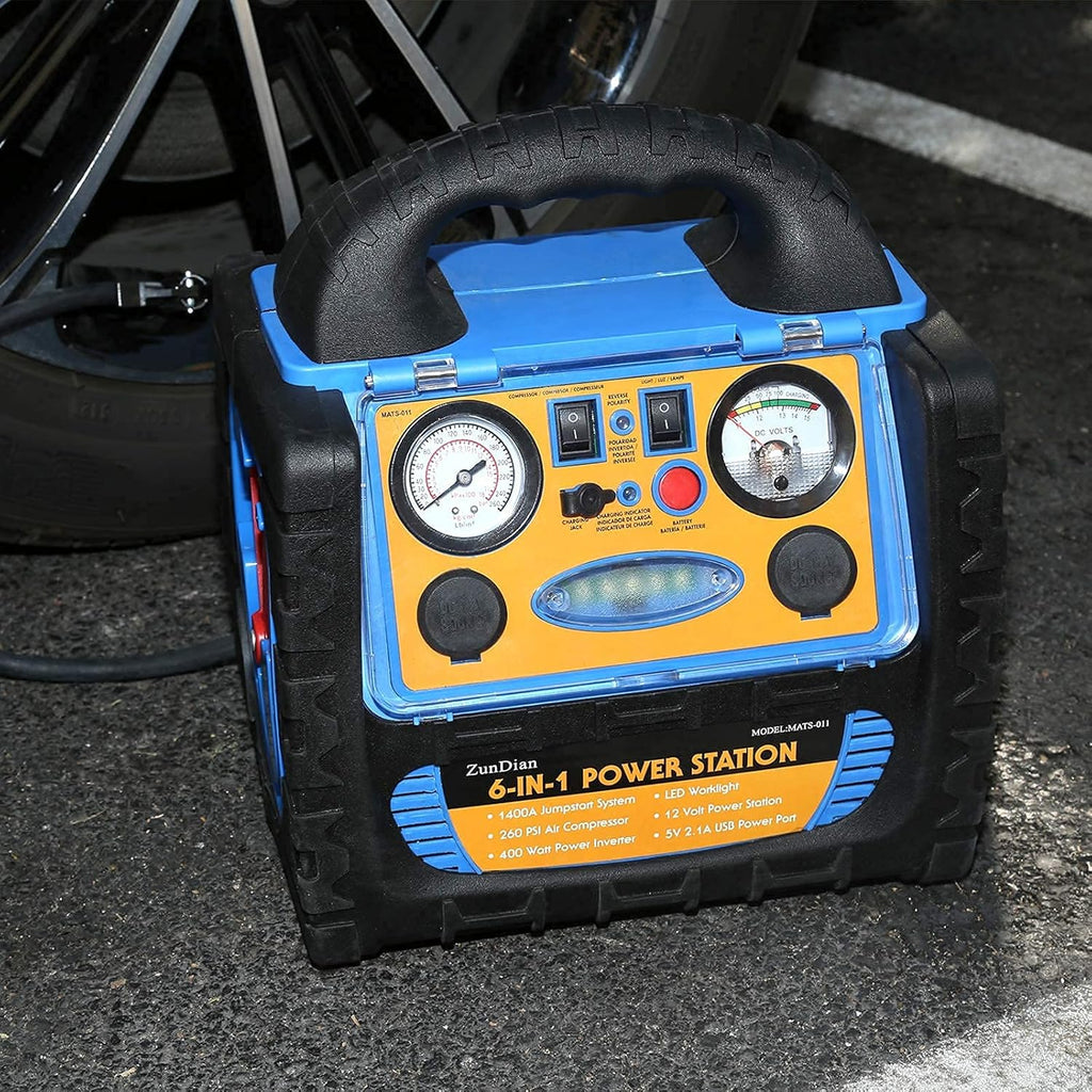 1400 Amp Battery Jump Starter with Air Compressor Car Tire Inflator, 110V 400W Power Inverter USB DC AC Outlet, 12V Emergency Auto Battery Booster Pack P157967