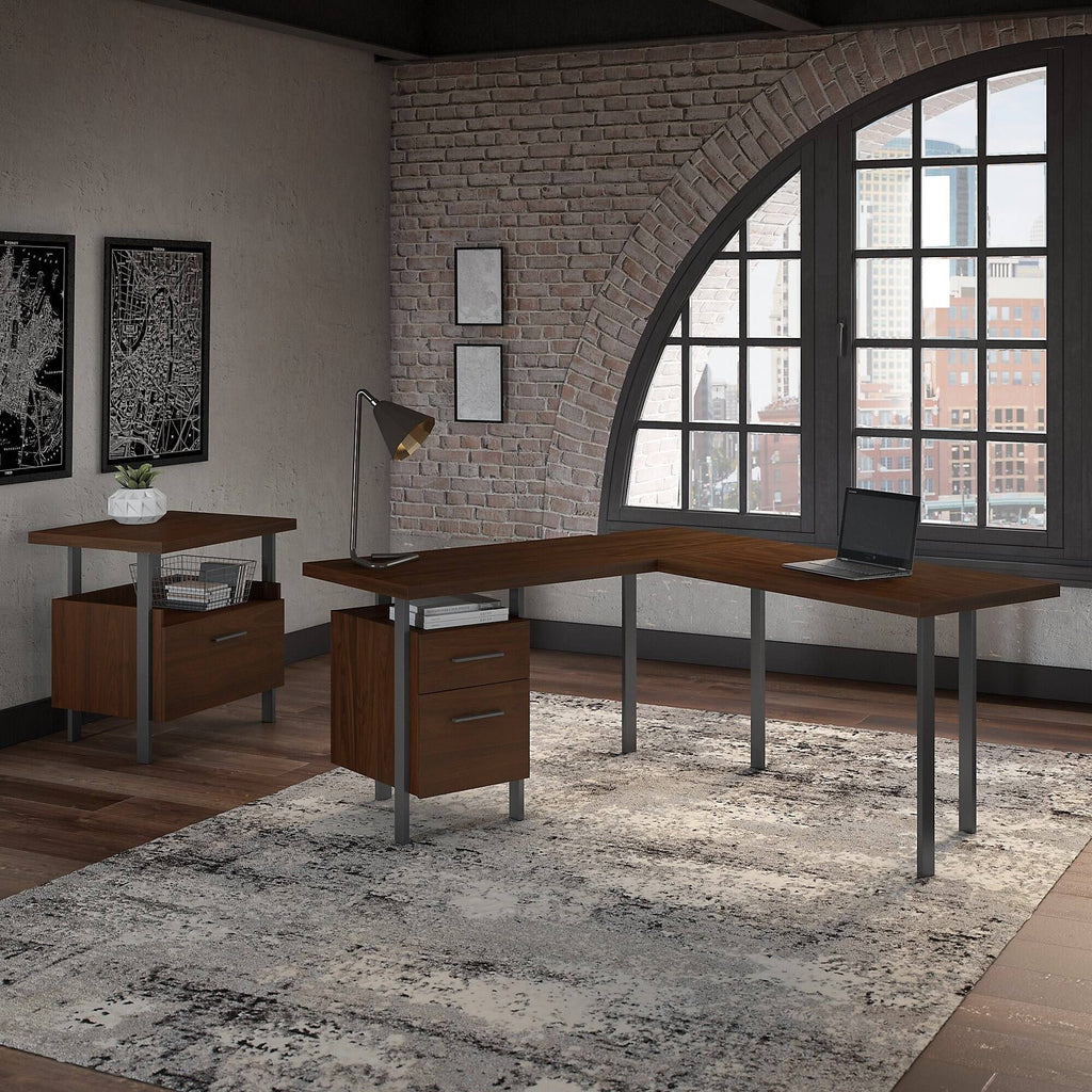 Walnut L-Shaped Desk with Lateral File Cabinet A76033