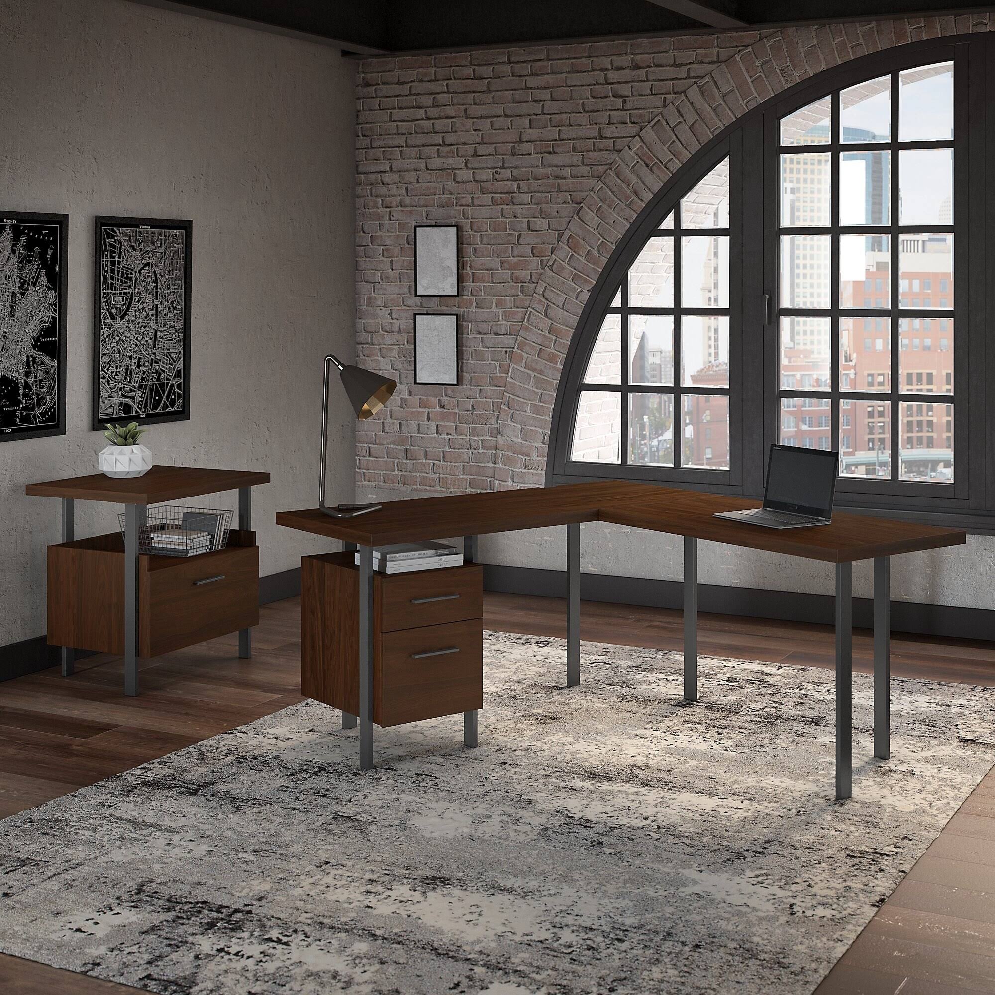 Walnut L-Shaped Desk with Lateral File Cabinet A76033