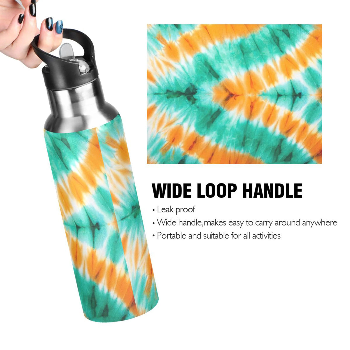 Tie Dye Orange Green 20 OZ Vacuum Insulated Stainless Steel Water Bottle with Straw Lid H359214