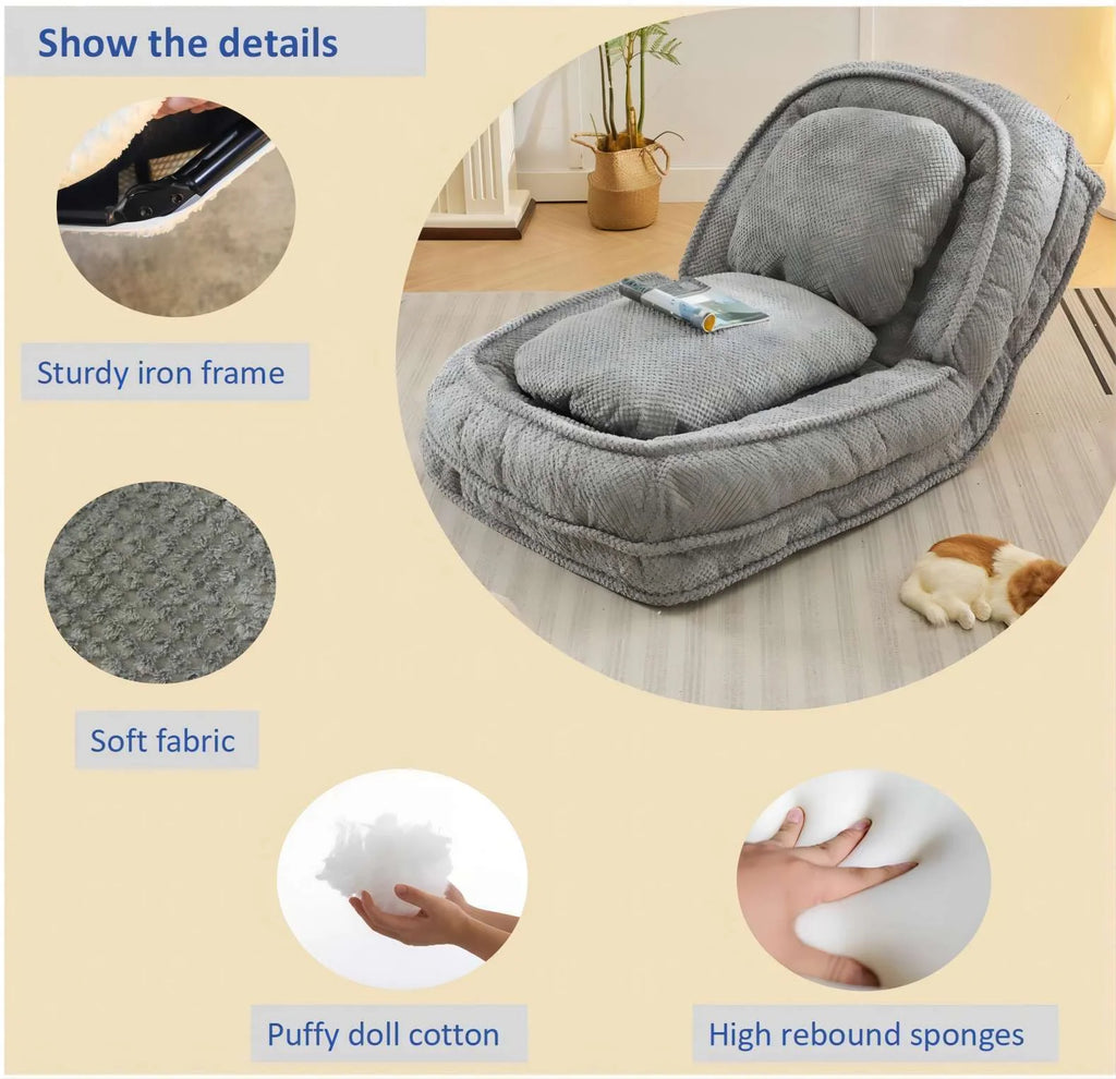 Gray foldable lazy sofa floor chair, 5-seater adjustable backrest recliner D939931