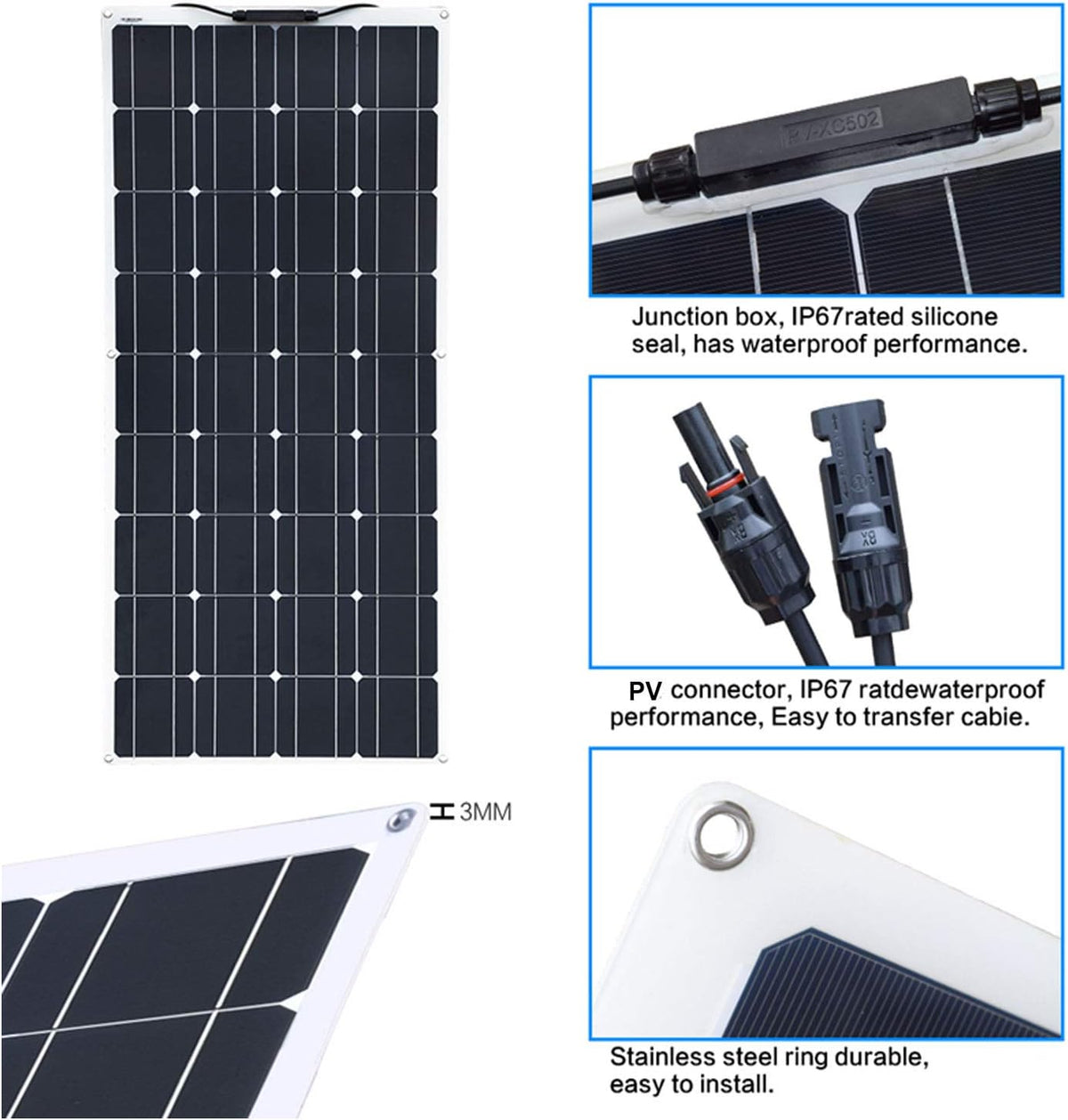 2pcs 100w Monocrystalline Flexible Solar Panel 200W 12V Kit with 20A Controller PV Connector L7929