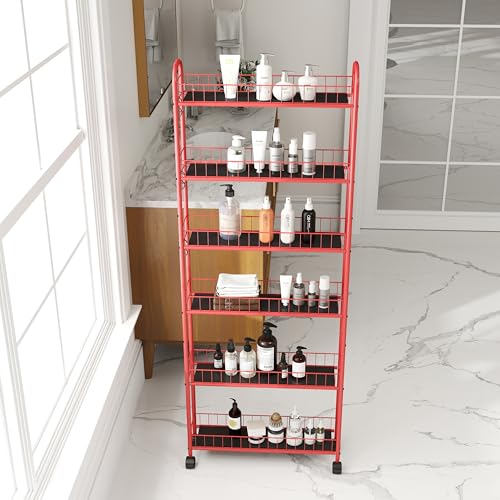 Red 6-Tier Wire Rolling Storage Cart with Wheels O437772