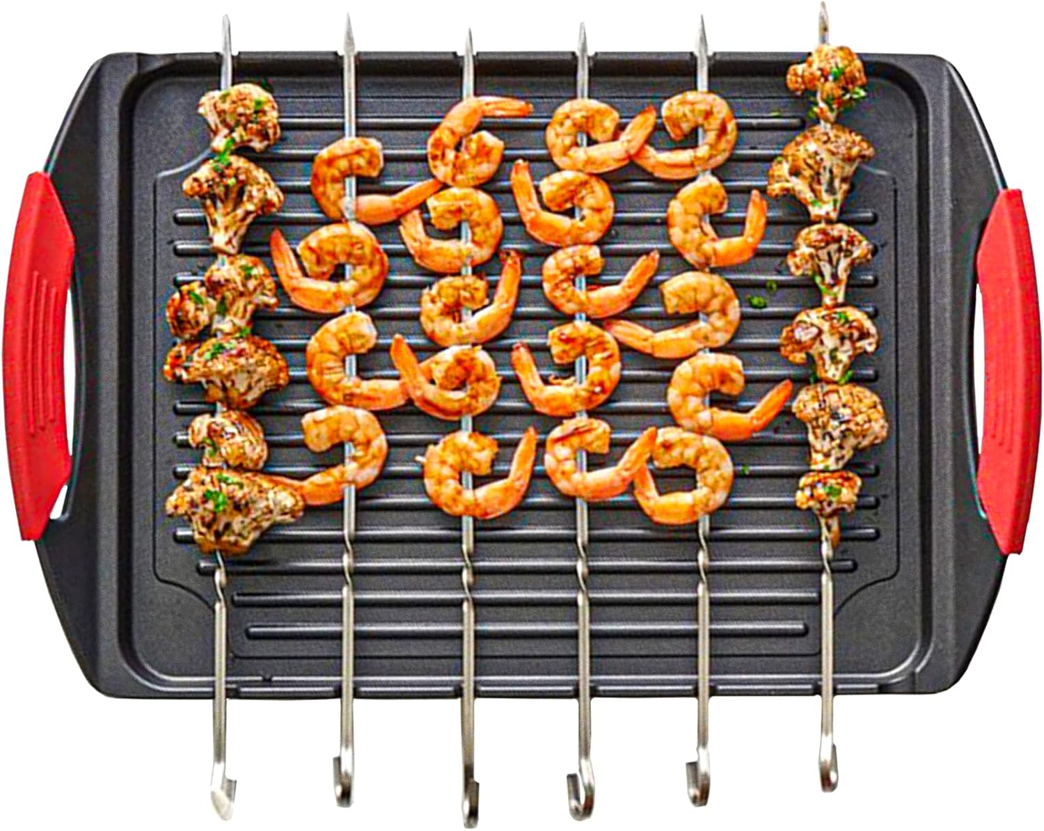 Cast Aluminium Griddle Plate for Stove Top & 6 Stainless Steel Skewers, Pack of 2 G5452