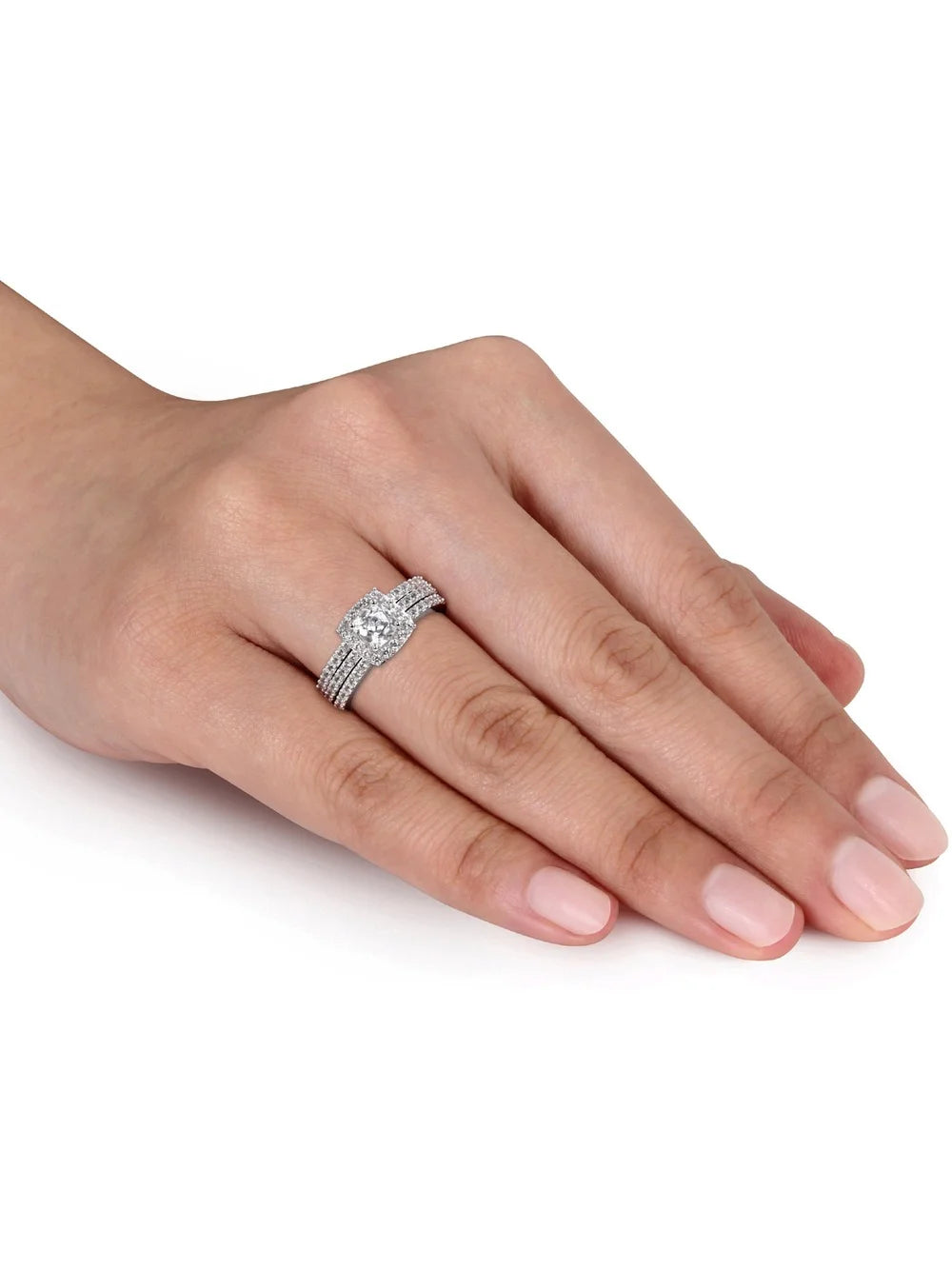 1.50 Carat (Ctw) Lab-Created White Sapphire Halo Engagement Ring and Band Set In Sterling Silver A87844