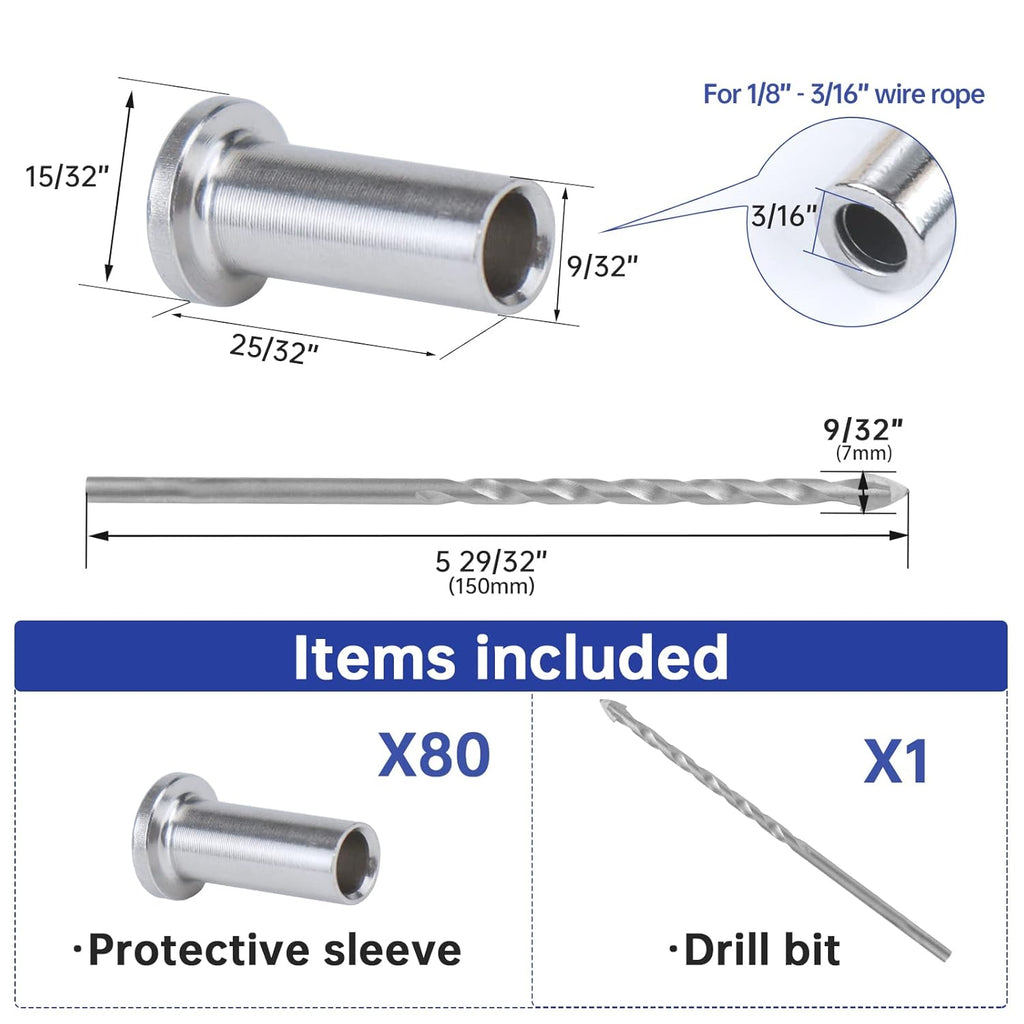 80Pack Cable Railing Kit for 1/8 5/32 3/16 Wire Rope Wood Posts T316 Stainless Steel J19256
