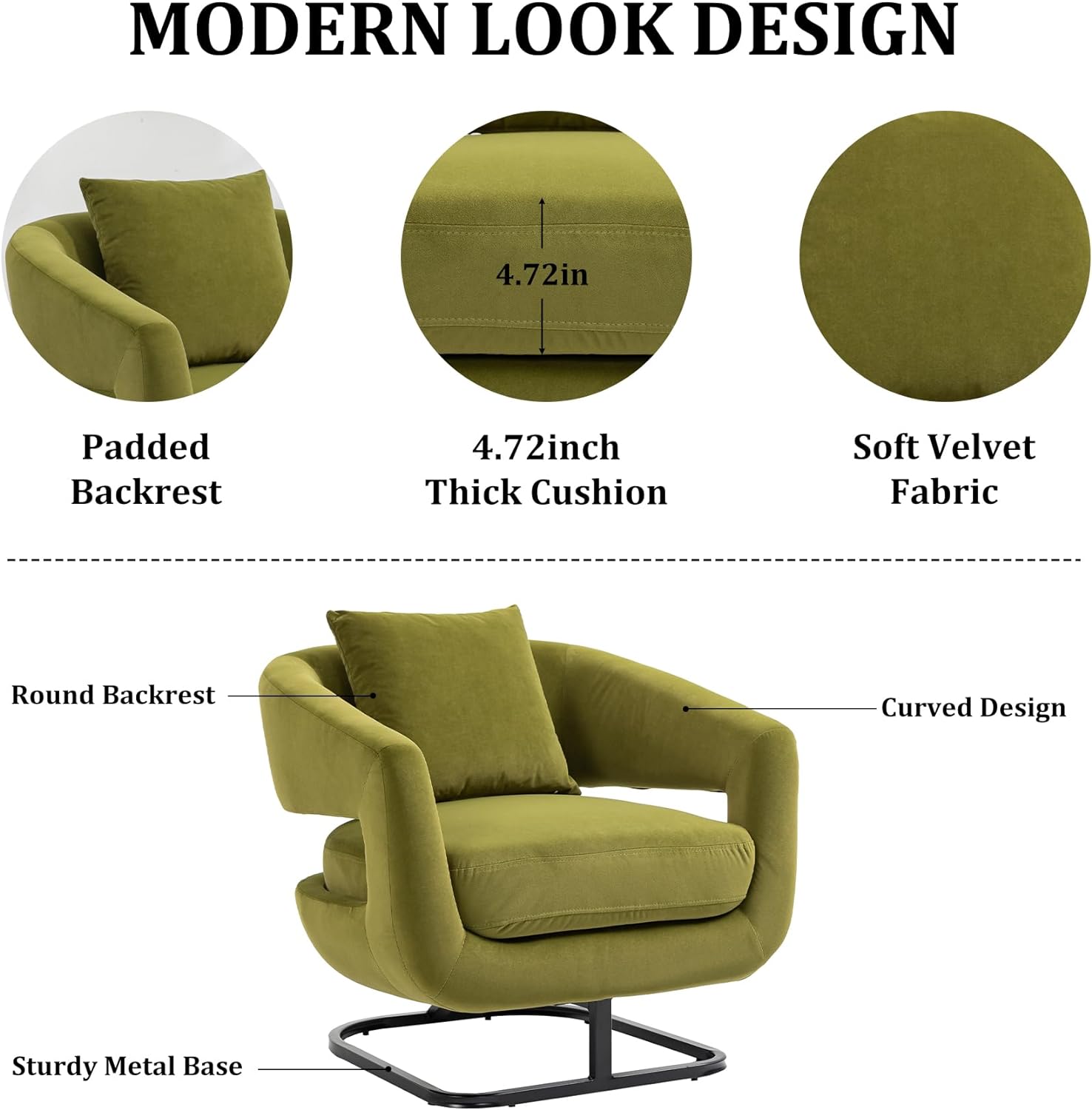 Olive Velvet Barrel Chair with Metal Base X9920