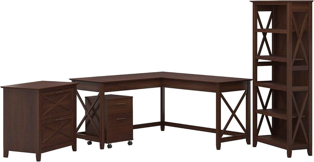 60W L Shaped Desk with File Cabinets and 5 Shelf Bookcase, Bing Cherry V30647