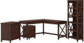 60W L Shaped Desk with File Cabinets and 5 Shelf Bookcase, Bing Cherry V30647
