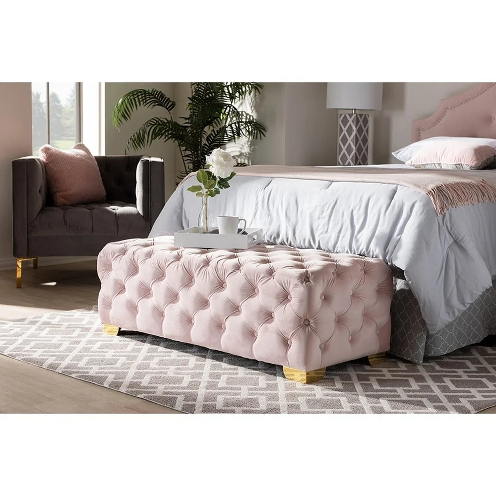 Light Pink Velvet Button Tufted Bench Ottoman M98350